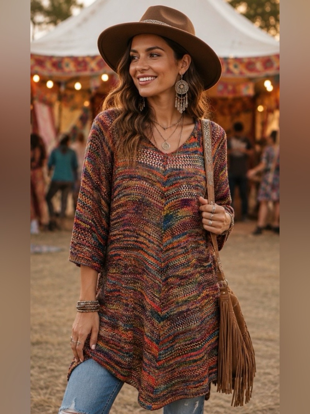 Crochet Festival Large Short Sleeve Open Knit Sweater Boho Hippie Retro Colorful